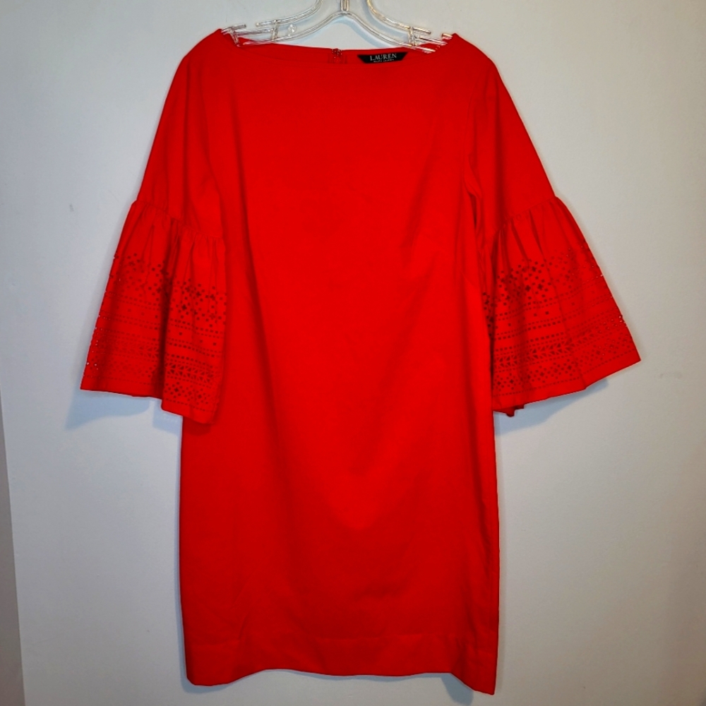 The Lauren Ralph Lauren Size 4 Red Kadijah Laser Cut Bell Sleeves Cocktail Dress